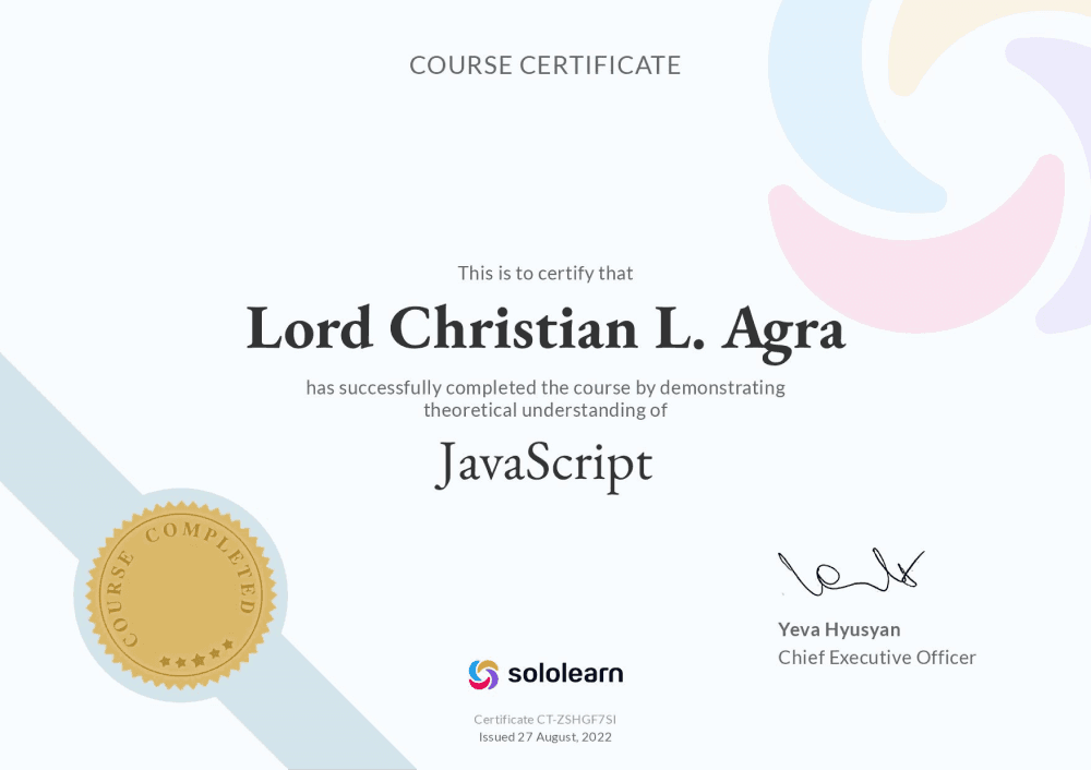 Sololearn JavaScript Certificate